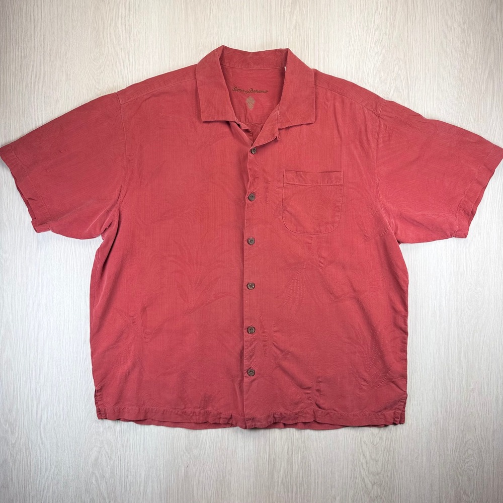 Tommy Bahama Mens XL Silk Camp Shirt Palm Leaf Coral Red Hawaiian Button Aloha